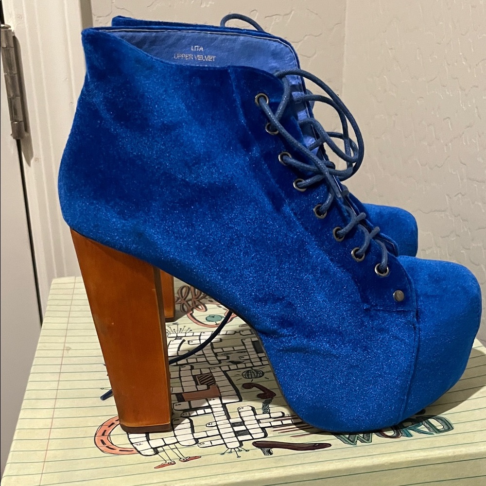 Jeffrey Campbell Lita Blue Velvet Platform Ankle Boots